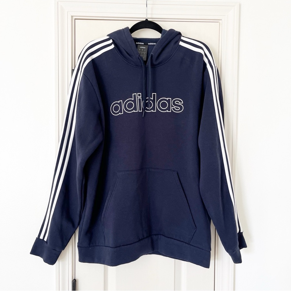EUC adidas navy and white spell out adidas pullover hoodie xl  men's adidas